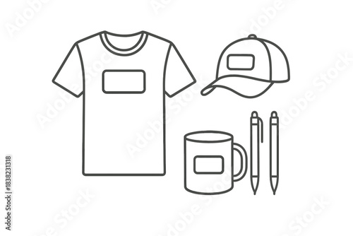 Outline icons of customizable promotional merchandise for corporate branding
