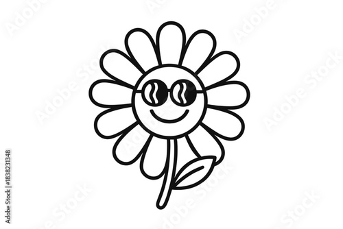 Cheerful cartoon flower character wearing round sunglasses and stem outline
