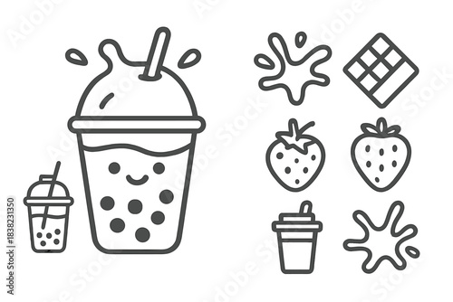 Outline style icons representing bubble tea components and finished beverages