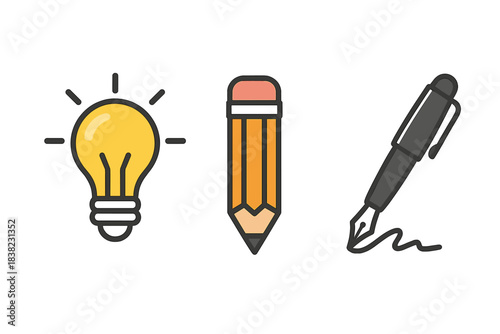 Lightbulb pencil and pen icons for idea creation and writing process