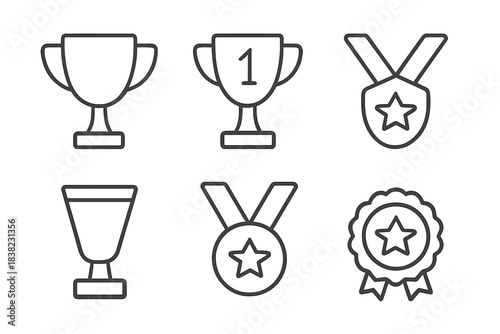 Outline icons set for trophy cup medal and award ribbon symbols