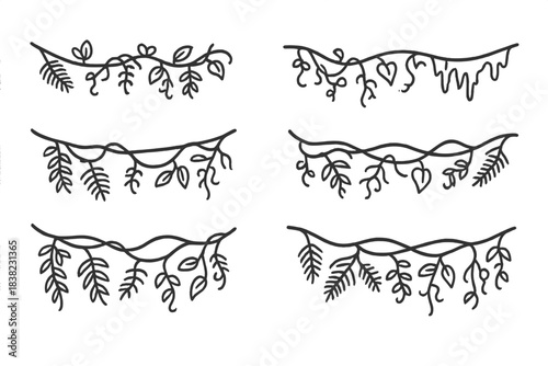 Six hand drawn botanical vine and branch dividers for rustic design