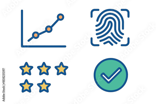 Four business and security icons: chart, fingerprint, rating, and approval symbols