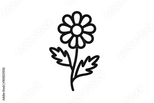 Simple black outline of a daisy flower with leaves on a stem
