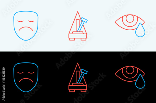 Set line Tear cry eye, Drama theatrical mask and Metronome with pendulum icon. Vector