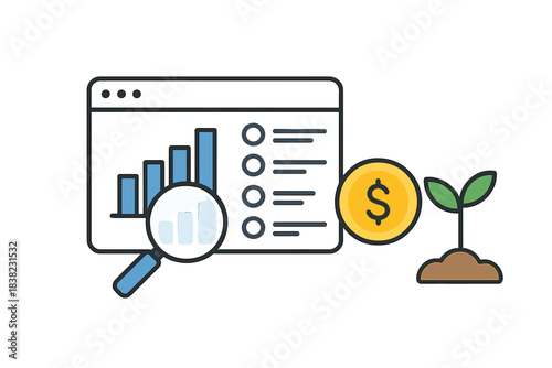 Financial growth analysis with magnifying glass and seedling concept