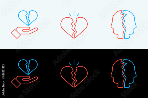 Set line Bipolar disorder, Broken heart divorce and icon. Vector