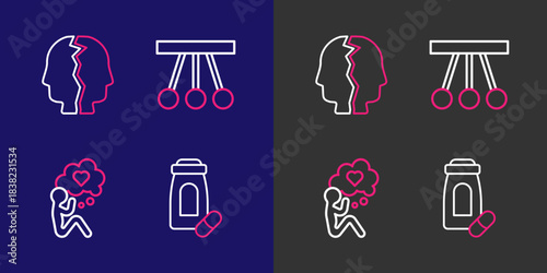 Set line Sedative pills, Head with heart, Pendulum and Bipolar disorder icon. Vector