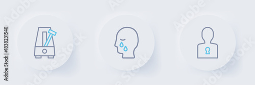 Set line Solution to the problem, Man graves funeral sorrow and Metronome with pendulum icon. Vector