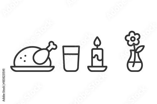 Simple line icons for holiday dinner celebration elements