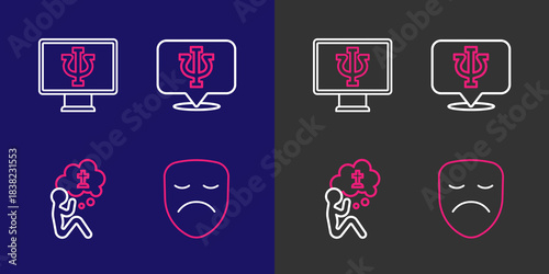 Set line Drama theatrical mask, Man graves funeral sorrow, Psychology, Psi and Psychologist online icon. Vector