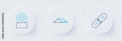 Set line Broken skateboard deck, Skate park and Skateboard wheel icon. Vector