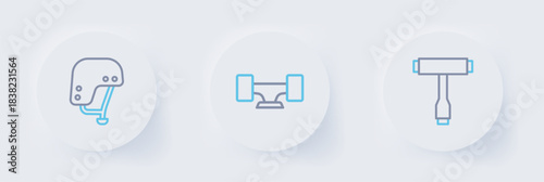 Set line Skateboard T tool, wheel and helmet icon. Vector