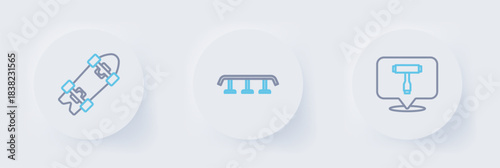 Set line Skateboard T tool, stairs with rail and Longboard or skateboard icon. Vector