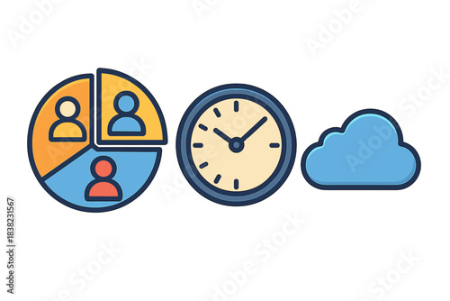 Set of business icons featuring pie chart people clock and cloud storage concept