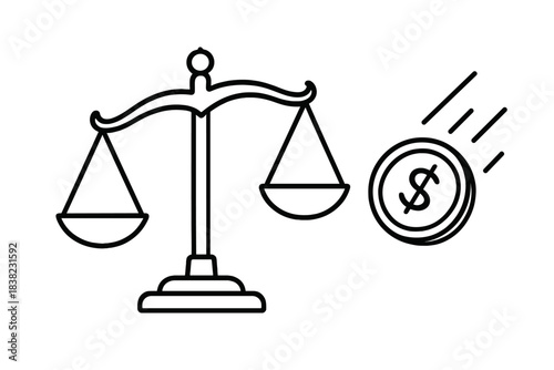 Justice scale with falling dollar coin icon symbolizing financial assessment