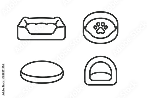Four simple line icons for pet beds and feeding bowls