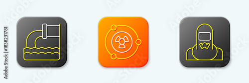 Set line Wastewater, Radioactive and Nuclear reactor worker icon. Vector