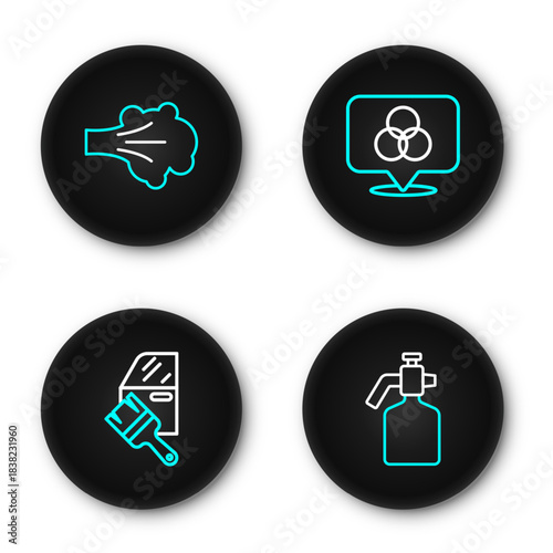 Set line Paint spray gun, Car painting, RGB and CMYK color mixing and icon. Vector