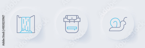 Set line Snail, Hiking backpack and Waterfall icon. Vector