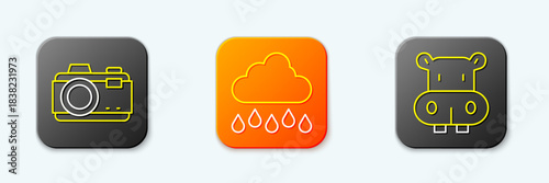 Set line Photo camera, Cloud with rain and Hippo or Hippopotamus icon. Vector