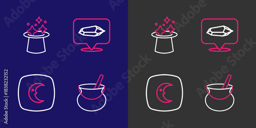 Set line Witch cauldron, Moon and stars, Magic stone and hat icon. Vector