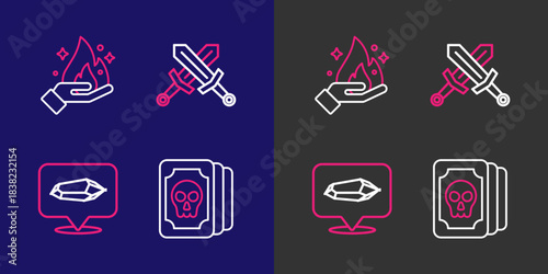 Set line Tarot cards, Magic stone, Crossed medieval sword and Hand holding fire icon. Vector