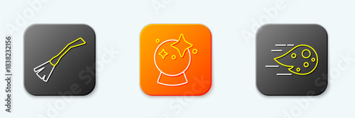 Set line Witches broom, Magic ball and Fireball icon. Vector