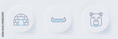 Set line Beaver animal, Kayak and Igloo ice house icon. Vector
