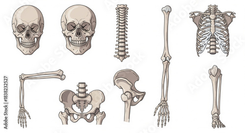 Detailed anatomical illustrations of various human skeletal parts including skulls, spine, rib cage, arm, pelvis, and leg bones on a white background.