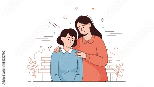 Comforting moment: young hispanic woman consoles upset friend on bench