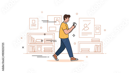 Young caucasian male engrossed in smartphone while walking in modern office setting