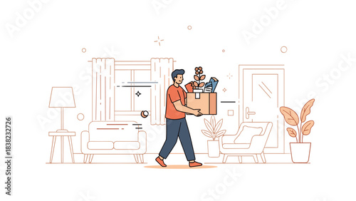 Young asian adult male moving box in modern living room