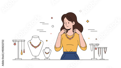 Young caucasian female admiring jewelry display with earrings and necklaces