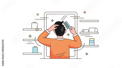 Young caucasian male grooming hair with comb in front of bathroom mirror