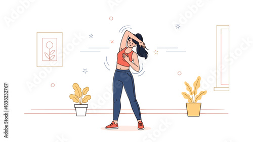 Young female exercising at home with potted plants in a minimalist room
