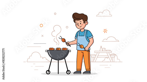 Young caucasian male grilling outdoors with barbecue and skewers