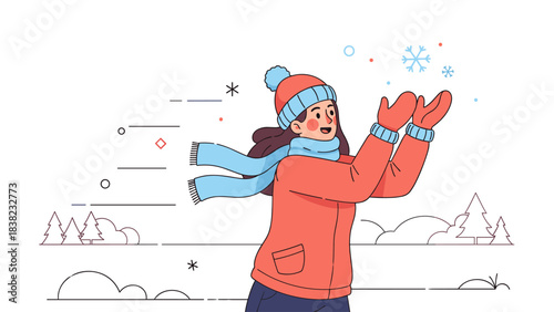 Young female in winter attire enjoying snowy outdoor scene with playful expression