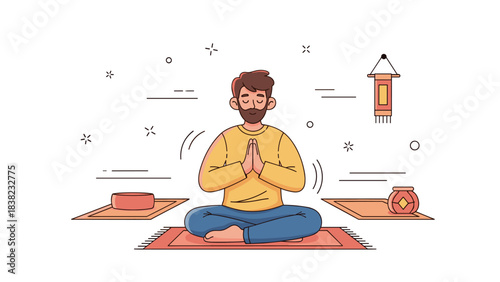 Male character meditating indoors with calm expression and zen decor elements