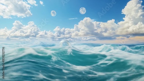 Abstract ocean and sky scene with transparent spheres floating