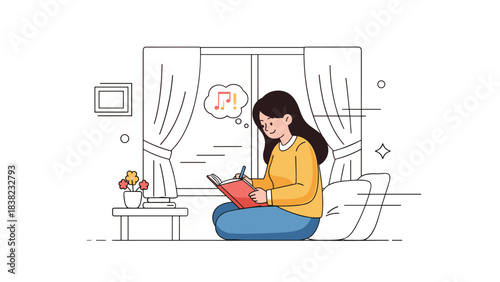 Young asian female writing music at home with thoughtful expression in cozy setting