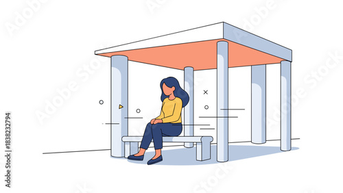 Illustration of woman sitting at minimalist bus stop shelter