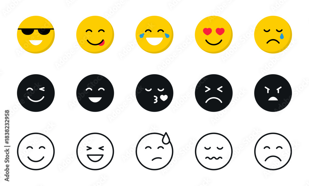 Fototapeta premium Emoticons icon set. Emoji flat, glyph and line icons. Smile icons cartoon. Stickers emoticon. Vector flat icons for social media.