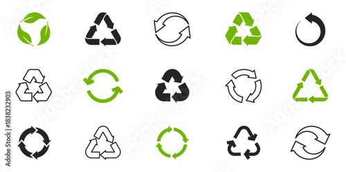 Set of green recycling icons. Recycle symbol. Rotation arrow pack. Reuse cycle. Vector eco icons