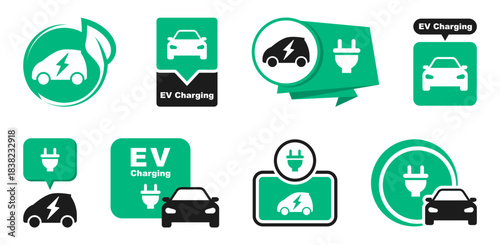 EV car icon set. Electric car with plug icon. Charging station logo. Hybrid vehicles sign. Powered location. Eco friendly vehicle symbol. Vector illustration.