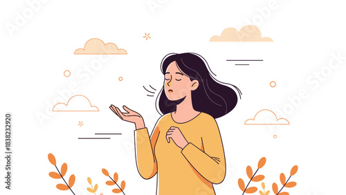 Asian female young adult breathing fresh air in tranquil nature scene