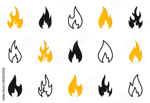 Fire icon set. Flat, glyph and line fire icons. Hot flaming elements. Campfire pictogram. Design elements collection.