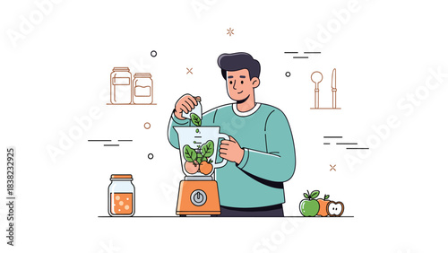 Young hispanic male making a healthy smoothie with fresh fruits and vegetables in the kitchen