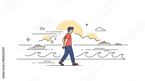 Young caucasian male strolling by the sea with ships and sun in the background