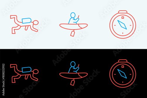 Set line Compass, Scuba diver and Kayak and paddle icon. Vector